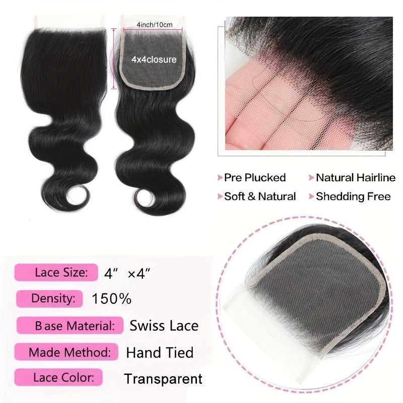 Body Wave 4 Bundles with Closure Brazilian 12A Unprocessed Virgin Human Hair 4x4 Free Part Closure Body Wavy Human Hair Bundles with Closure Natural Color Free Part HD Lace Transparent